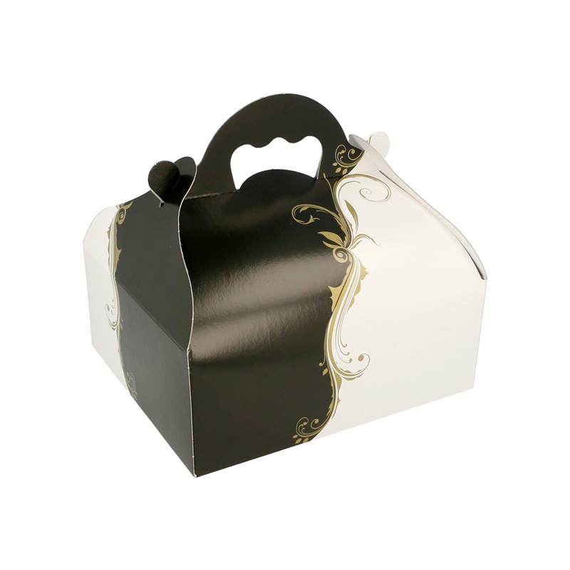 CAJAS PASTELERIA CON ASAS THEPACK DECORADO BLANCO Y NEGRO 16X18Xh7cm. 50Uds. Ref.204.78