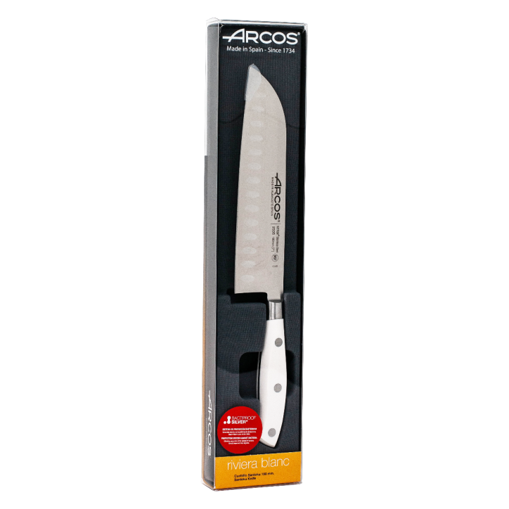 ARCOS SERIE RIVIERA BLANCO: CUCHILLO COCINERO SANTOKU ALVEOLADO 180mm. FORJADO Ref.233524