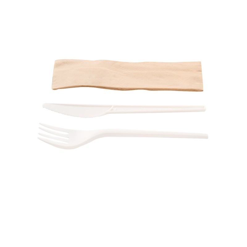 CUBIERTOS COMPOSTABLE: SET 3 1 CPLA CUCHILLO TENEDOR SERVILLETA (50uds.) Ref.001010414