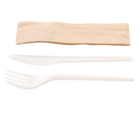 CUBIERTOS COMPOSTABLE: SET 3 1 CPLA CUCHILLO TENEDOR SERVILLETA (50uds.) Ref.001010414