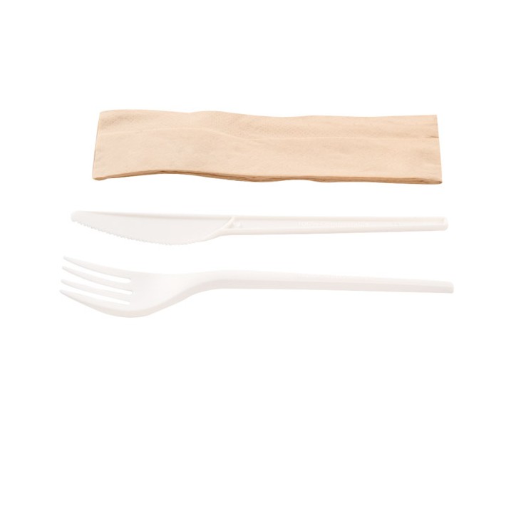 CUBIERTOS COMPOSTABLE: SET 3 1 CPLA CUCHILLO TENEDOR SERVILLETA (50uds.) Ref.001010414