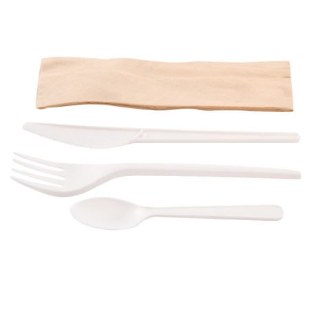 CUBIERTOS COMPOSTABLE: SET 4 1 CPLA CUCHILLO TENEDOR CUCHARILLA SERVILLETA (50uds.) Ref.001010503