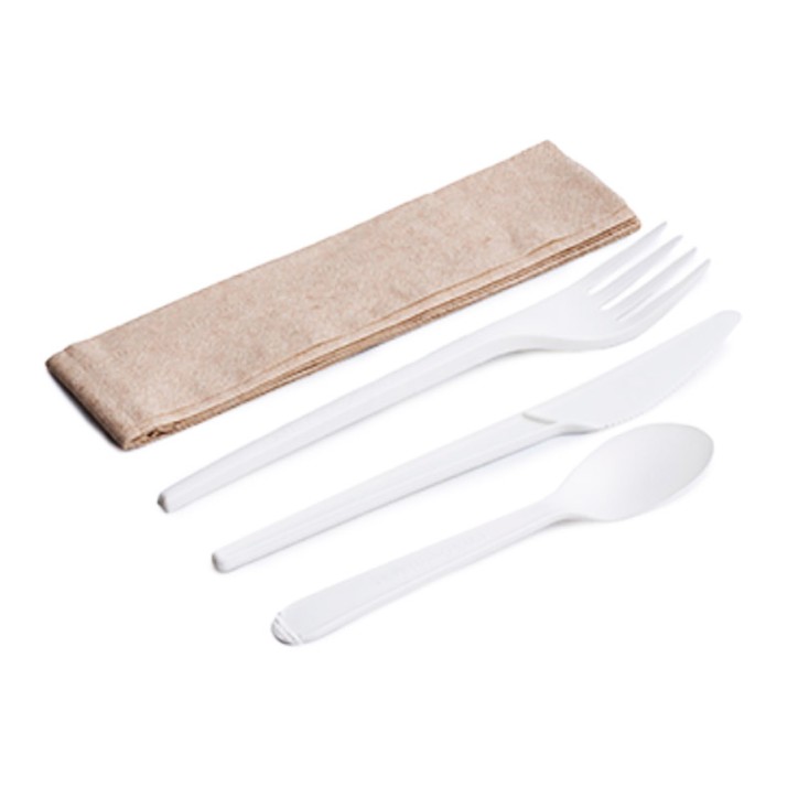 CUBIERTOS COMPOSTABLE: SET 4 1 CPLA CUCHILLO TENEDOR CUCHARILLA SERVILLETA (50uds.) Ref.001010503