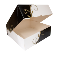 CAJA PASTELERIA: CUADRADA CON VENTANA DECORADO BLANCO Y NEGRO 18X18Xh7 5cm (50Und.) Ref.204.69