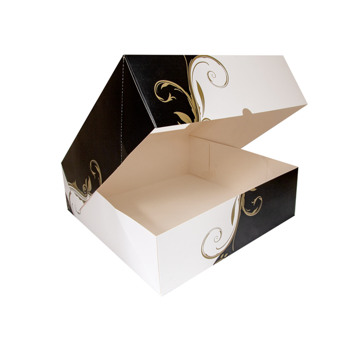 CAJA PASTELERIA: CUADRADA CON VENTANA DECORADO BLANCO Y NEGRO 18X18Xh7 5cm (50Und.) Ref.204.69