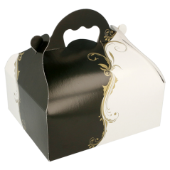 CAJA PASTELERIA: CON ASAS DECORADO BLANCO Y NEGRO 16X18Xh7cm. (50uni.) Ref.204.78