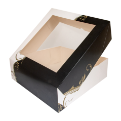 CAJA PASTELERIA: CUADRADA CON VENTANA DECORADO BLANCO Y NEGRO 18X18Xh7 5cm (50Und.) Ref.204.69
