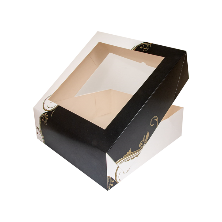 CAJA PASTELERIA: CUADRADA CON VENTANA DECORADO BLANCO Y NEGRO 18X18Xh7 5cm (50Und.) Ref.204.69