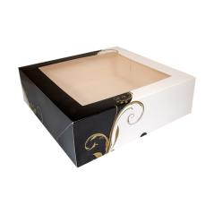 CAJA PASTELERIA: CUADRADA CON VENTANA DECORADO BLANCO Y NEGRO 18X18Xh7 5cm (50Und.) Ref.204.69