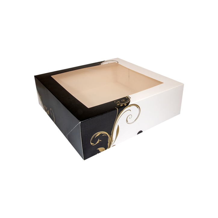 CAJA PASTELERIA: CUADRADA CON VENTANA DECORADO BLANCO Y NEGRO 18X18Xh7 5cm (50Und.) Ref.204.69