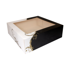 CAJA PASTELERIA: CUADRADA CON VENTANA DECORADO BLANCO Y NEGRO 18X18Xh7 5cm (50Und.) Ref.204.69