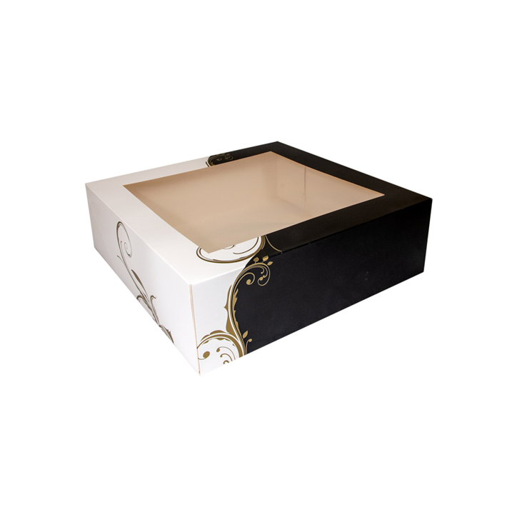 CAJA PASTELERIA: CUADRADA CON VENTANA DECORADO BLANCO Y NEGRO 18X18Xh7 5cm (50Und.) Ref.204.69