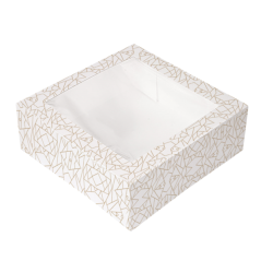 CAJA PASTELERIA: CUADRADA CON VENTANA DECORADO BLANCO Y DORADO 28X28Xh10cm. (50Und.) Ref.253.29
