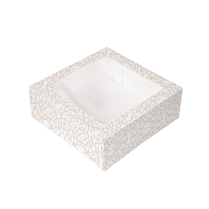 CAJA PASTELERIA: CUADRADA CON VENTANA DECORADO BLANCO Y DORADO 28X28Xh10cm. (50Und.) Ref.253.29 CAJA PASTELERIA: CUADRADA CON VENTANA DECORADO BLANCO Y DORADO 28X28Xh10cm. (50Und.) Ref.253.29