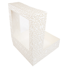 CAJA PASTELERIA: CUADRADA CON VENTANA DECORADO BLANCO Y DORADO 32X32Xh10cm. (50Und.) Ref.253.30