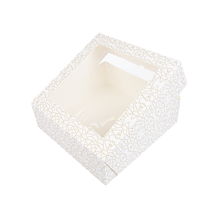 CAJA PASTELERIA: CUADRADA CON VENTANA DECORADO BLANCO Y DORADO 26X26Xh8cm. (50Und.) Ref.256.95 CAJA PASTELERIA: CUADRADA CON VENTANA DECORADO BLANCO Y DORADO 26X26Xh8cm. (50Und.) Ref.256.95