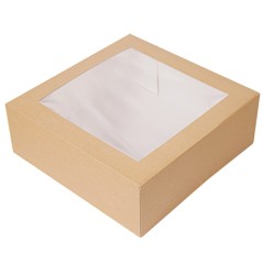 CAJA PASTELERIA: CUADRADA CON VENTANA DECORADO NATURAL 16X16X8cm. (50Und.) Ref.256.90