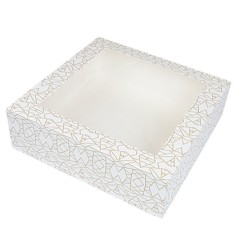 CAJA PASTELERIA: CUADRADA CON VENTANA DECORADO BLANCO Y DORADO 26X26Xh8cm. (50Und.) Ref.256.95