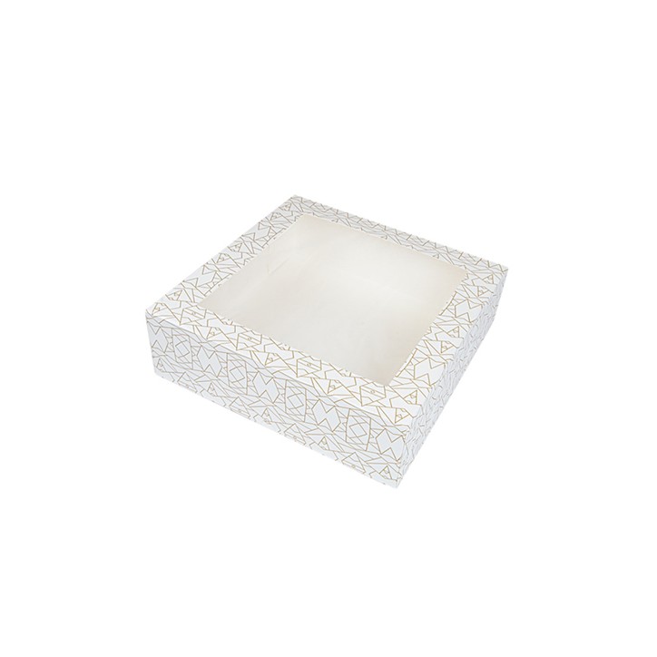 CAJA PASTELERIA: CUADRADA CON VENTANA DECORADO BLANCO Y DORADO 26X26Xh8cm. (50Und.) Ref.256.95 CAJA PASTELERIA: CUADRADA CON VENTANA DECORADO BLANCO Y DORADO 26X26Xh8cm. (50Und.) Ref.256.95
