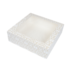 CAJA PASTELERIA: CUADRADA CON VENTANA DECORADO BLANCO Y DORADO 32X32Xh10cm. (50Und.) Ref.253.30
