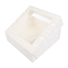 CAJA PASTELERIA: CUADRADA CON VENTANA DECORADO BLANCO Y DORADO 32X32Xh10cm. (50Und.) Ref.253.30