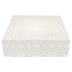 CAJA PASTELERIA: CUADRADA CON VENTANA DECORADO BLANCO Y DORADO 32X32Xh10cm. (50Und.) Ref.253.30