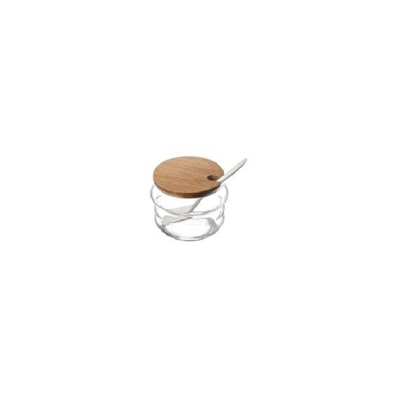 TARRO PARA AZUCAR O MERMELADA CON TAPA DE MADERA Y CUCHARA Ø8Xh6cm. Ref.T3017