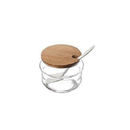 TARRO PARA AZUCAR O MERMELADA CON TAPA DE MADERA Y CUCHARA Ø8Xh6cm. Ref.T3017