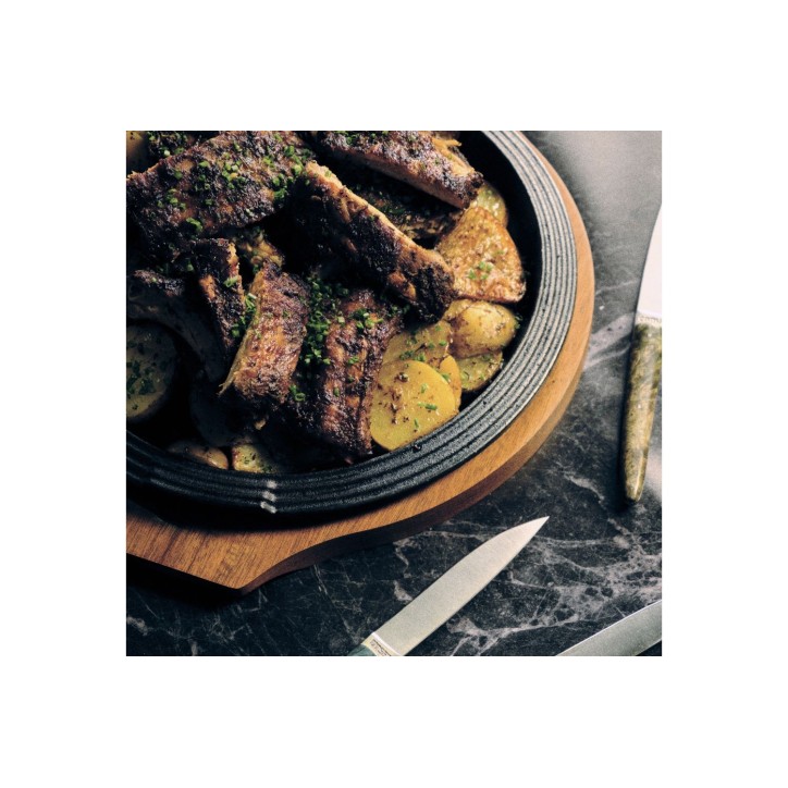 PLATO HIERRO FUNDIDO   BASE MADERA ACACIA Ø32x2 8cm. Ref.11973